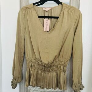 Philosophy Women's Green Fringe Blouse Medium Chic Feminine Elegant Long Sleeve